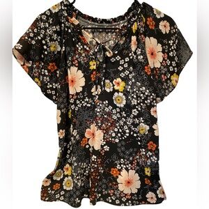 🌸 LOFT Black Floral Tie-Neck Blouse - women size XS